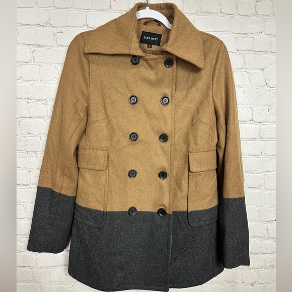 Nine West Colorblock Wool Blend Pea Coat  Heather Brown Gray, sz 6, EUC‎ - Picture 1 of 6